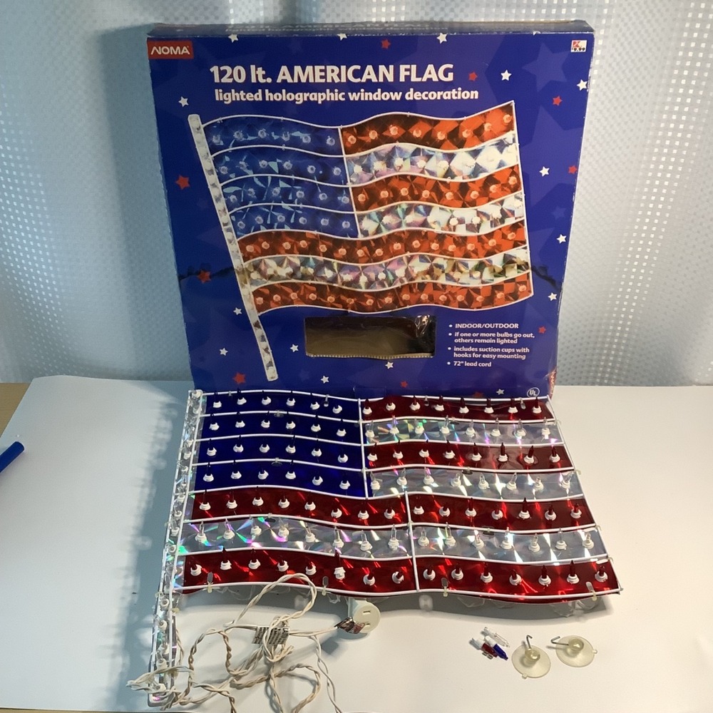 Noma 18" 120 Lt Lighted Holographic 4th of July American Flag Window Decor Works
